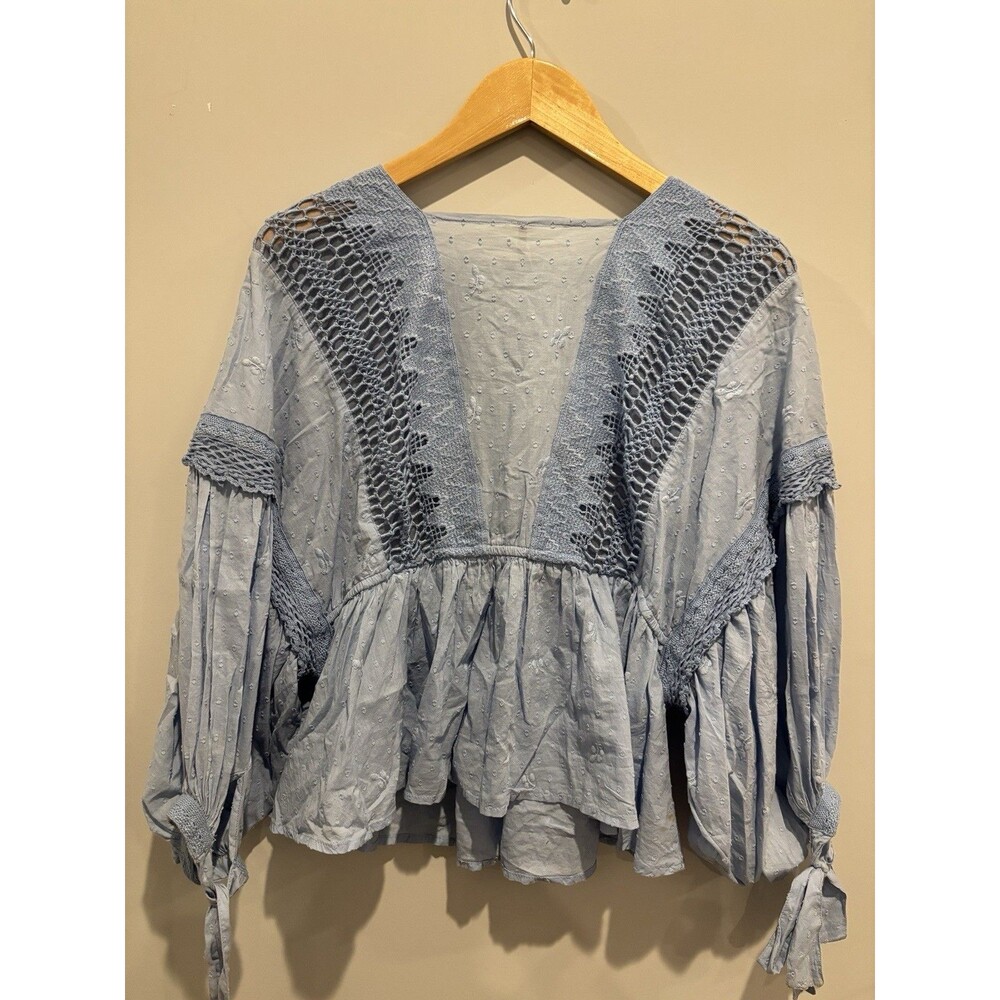 Free People 'Drive You Mad’ Blue Top Peplum For Puff Sleeve Size L - Picture 9 of 10